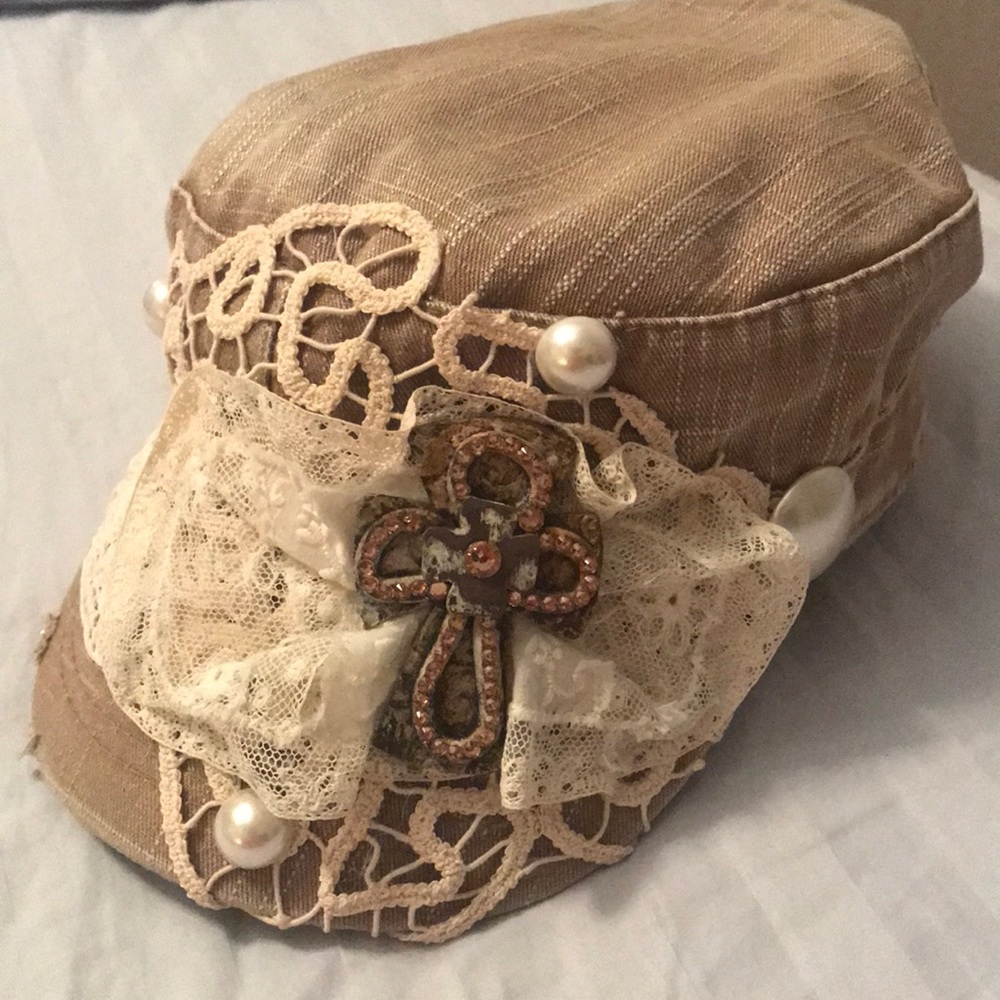 Hand crafted hat with vintage doily